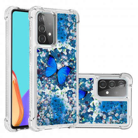 Samsung Galaxy A52 4G / A52 5G Kotelo Sininen perhoset Glitter