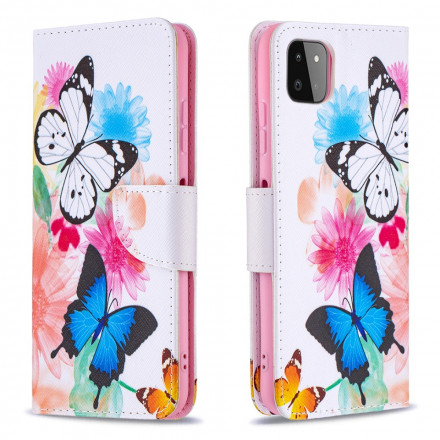 Samsung Galaxy A22 5G tapauksessa maalattu perhosia ja kukkia