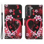 Housse Samsung Galaxy S21 FE Fleurs et Coeurs avec Lanière