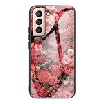 Samsung Galaxy S21 FE tapauksessa karkaistu lasi vaaleanpunaiset kukat