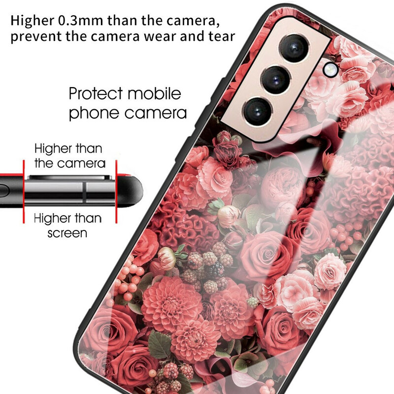 Samsung Galaxy S21 FE tapauksessa karkaistu lasi vaaleanpunaiset kukat