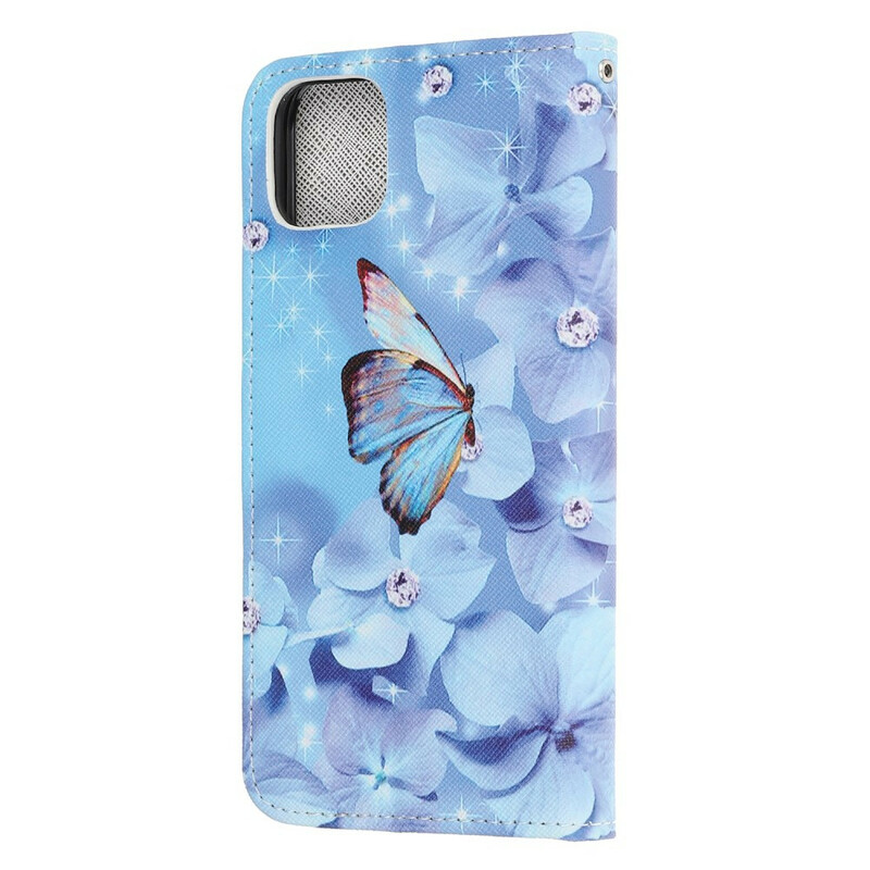 Kotelo iPhone 13 Mini perhoset timantit hihnalla