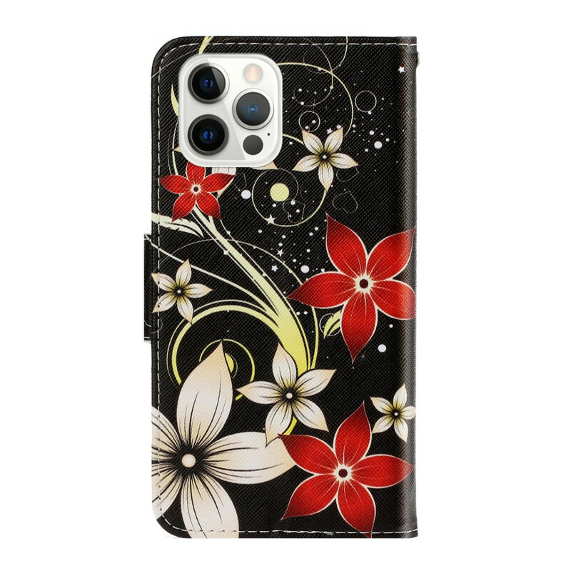Kotelo iPhone 13 Pro värilliset kukat hihnalla