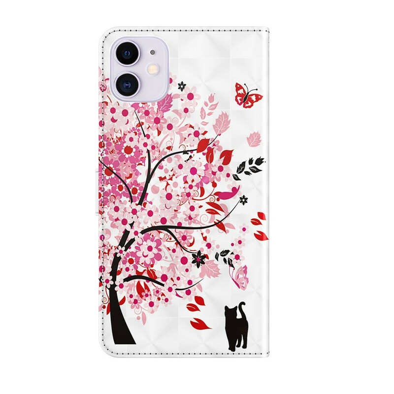 Kotelo iPhone 13 vaaleanpunainen puu ja musta kissa