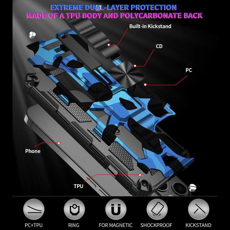 iPhone 13 Pro Max Camouflage Case Irrotettava jalusta