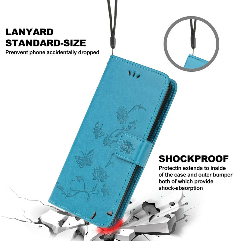 Kotelo iPhone 13 Perhoset ja kukat, joissa on kaulanauha