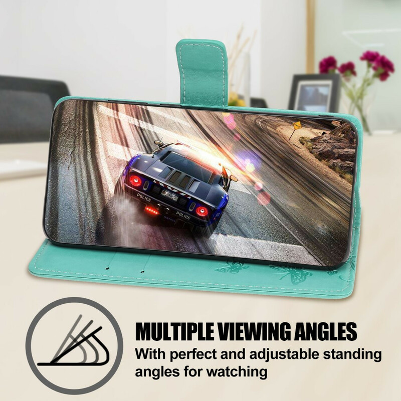 Kotelo iPhone 13 Perhoset ja kukat, joissa on kaulanauha