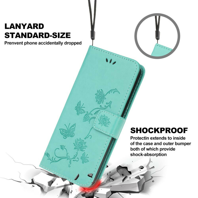 Kotelo iPhone 13 Perhoset ja kukat, joissa on kaulanauha