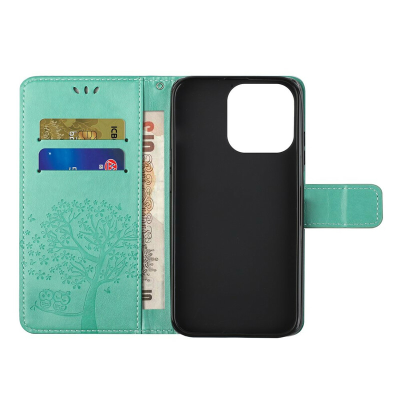 Kotelo iPhone 13 puu ja pöllöt, jossa on kaulanauha