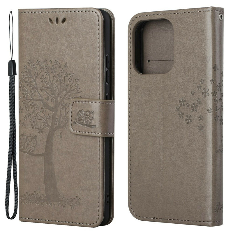 Kotelo iPhone 13 puu ja pöllöt, jossa on kaulanauha