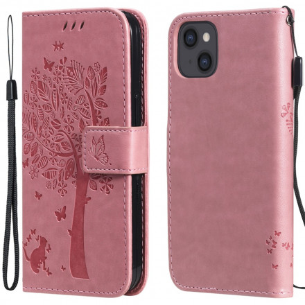 Kotelo iPhone 13:lle Puu ja kissa, jossa on kiinnityslenkki