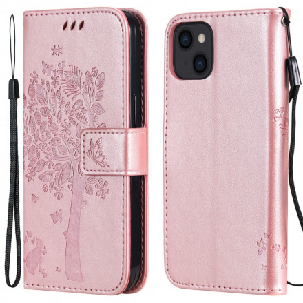 Kotelo iPhone 13:lle Puu ja kissa, jossa on kiinnityslenkki