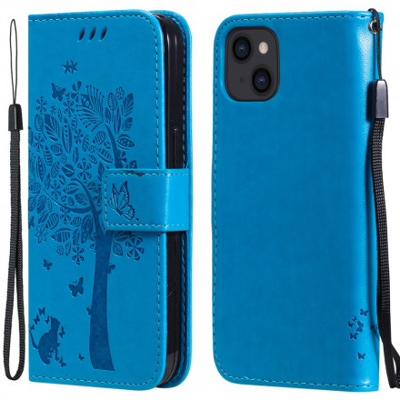 Kotelo iPhone 13:lle Puu ja kissa, jossa on kiinnityslenkki