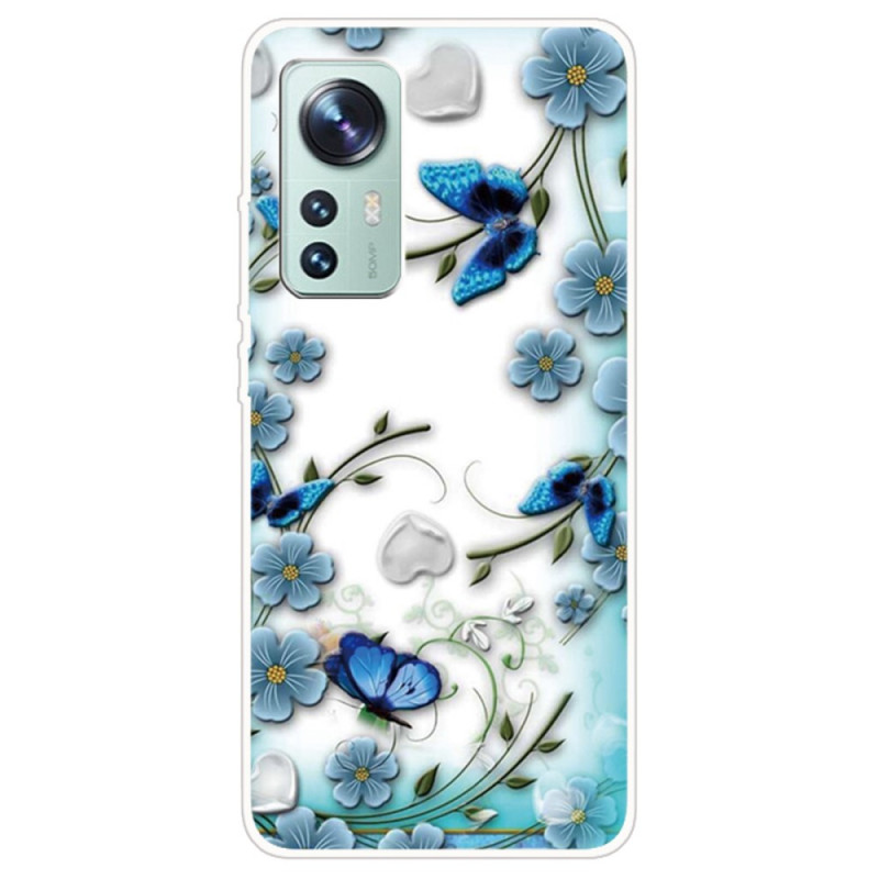 Xiaomi 12 / 12X / 12S Sininen kukkia ja perhosia suojakuori
