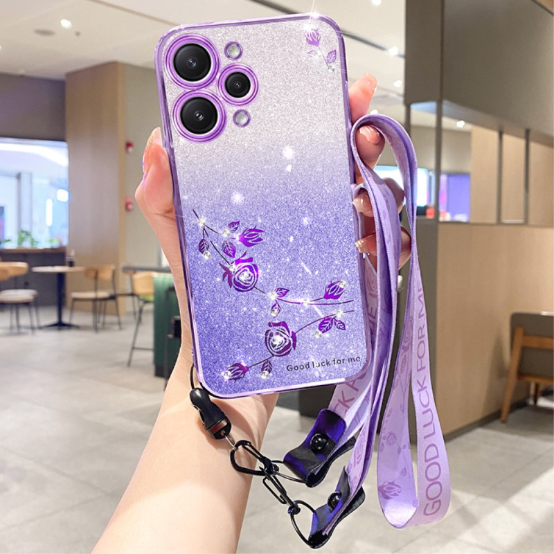 Coque Xiaomi Redmi 12 5G Paillettes Roses avec Lanière