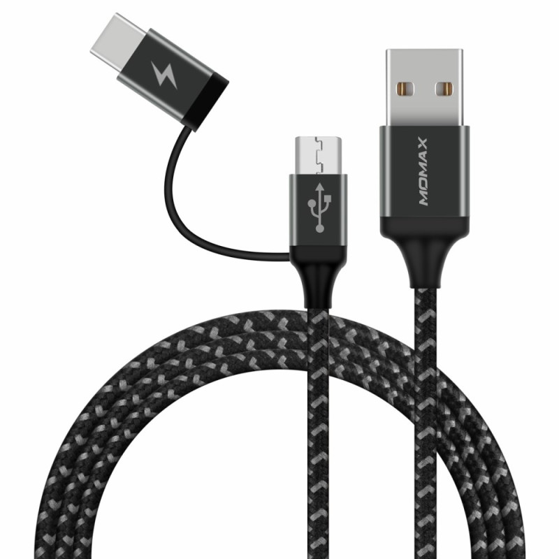 MOMAX 2-in-1 Micro USB + Type-C synkronointikaapeli 1m