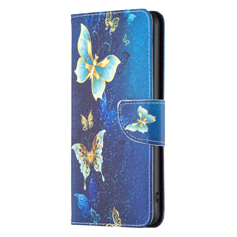 OnePlus 12 5G Gold Butterflies on Blue Background Suojakuori
