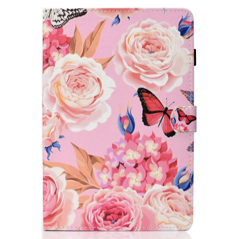 Samsung Galaxy Tab A7 Lite Suojakuori
 Kukkia ja perhosia vaaleanpunaisella taustalla