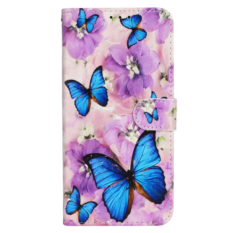 Housse Motorola Edge 50 Fleurs Violettes et Papillons Bleus Premium