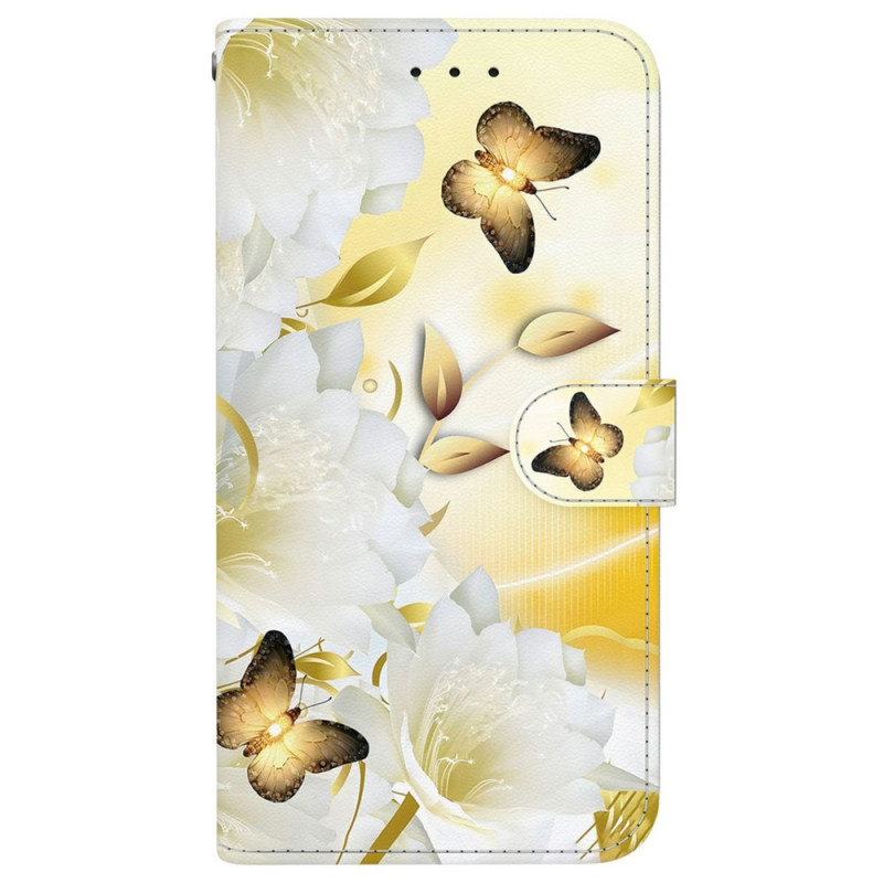 Housse Moto G Power (2025) Papillon Dorés et Fleurs Blanches