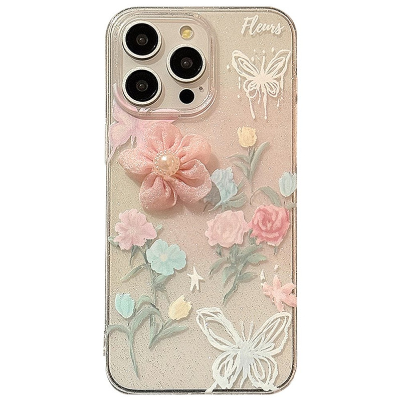 Coque iPhone 14 Pro Max Fleurs Roses et Paillettes