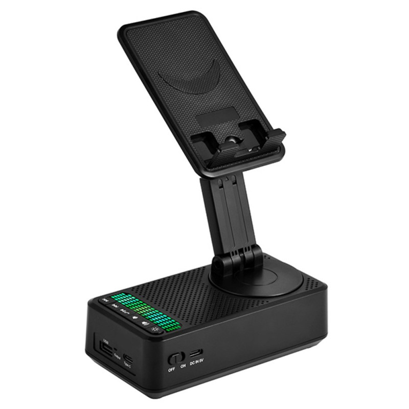 Taitettava puhelinjalusta Bluetooth-kaiuttimella ja ulkoisella akulla varustettuna