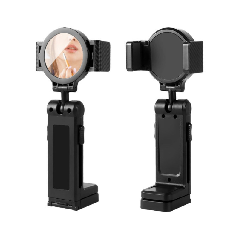 Kokoontaitettava lentokoneen/junan jalusta, jossa on kiinnitysvarsi ja peili.