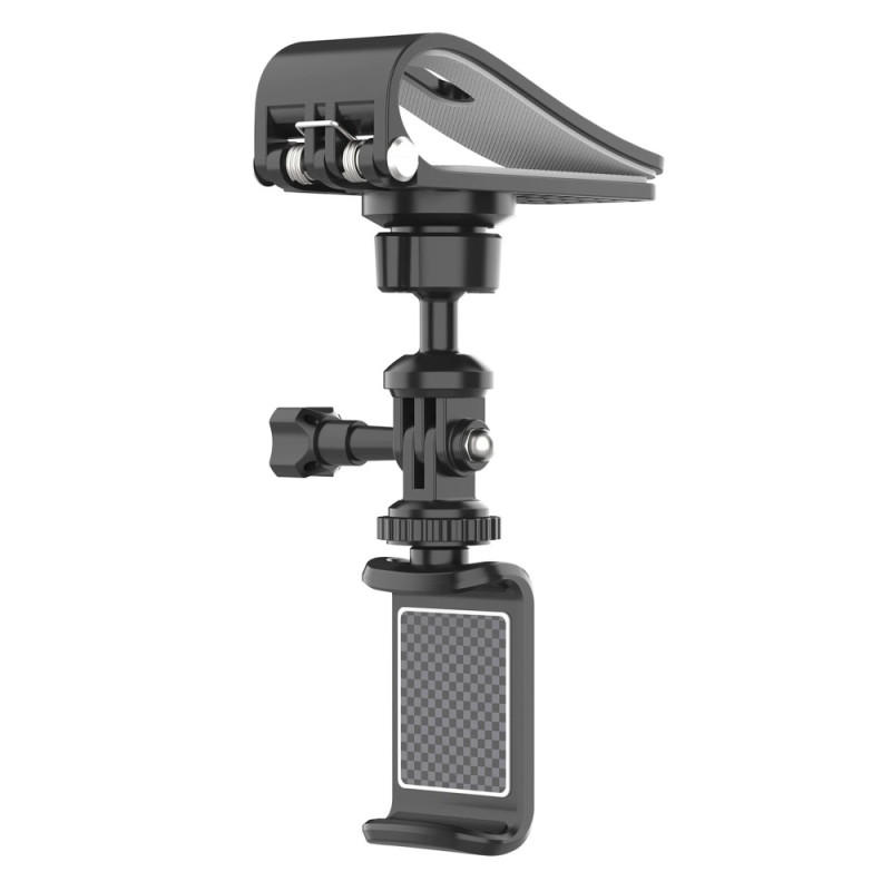 Universaali auton visiirin pidike, jossa on kiinnike älypuhelimelle ja kameralle