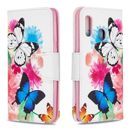 Samsung Galaxy A20e tapauksessa maalattu perhosia ja kukkia