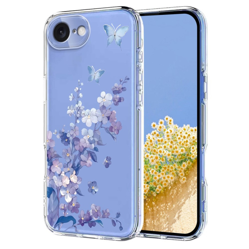 Läpinäkyvä perhosia ja kukkia iPhone 17E / 16E suojakotelo