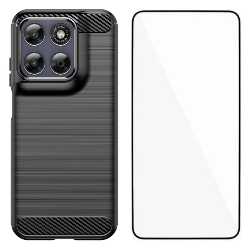 Moto G77 / G67 Harjattu hiilikuitu suojakuori näytönsuojuksella