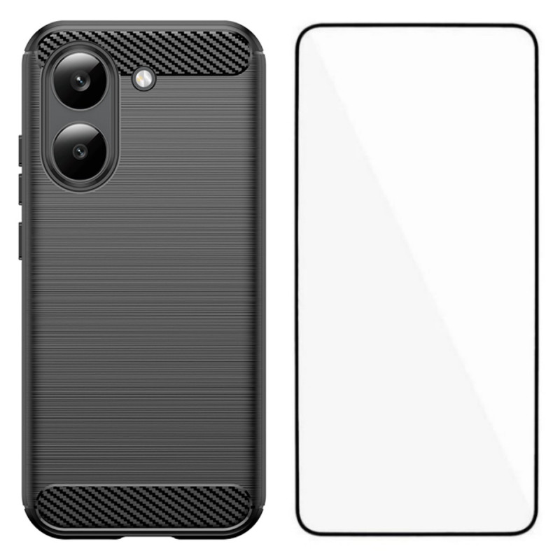 Poco X8 Pro 5G Harjattu hiilikuitu suojakuori näytönsuojuksella