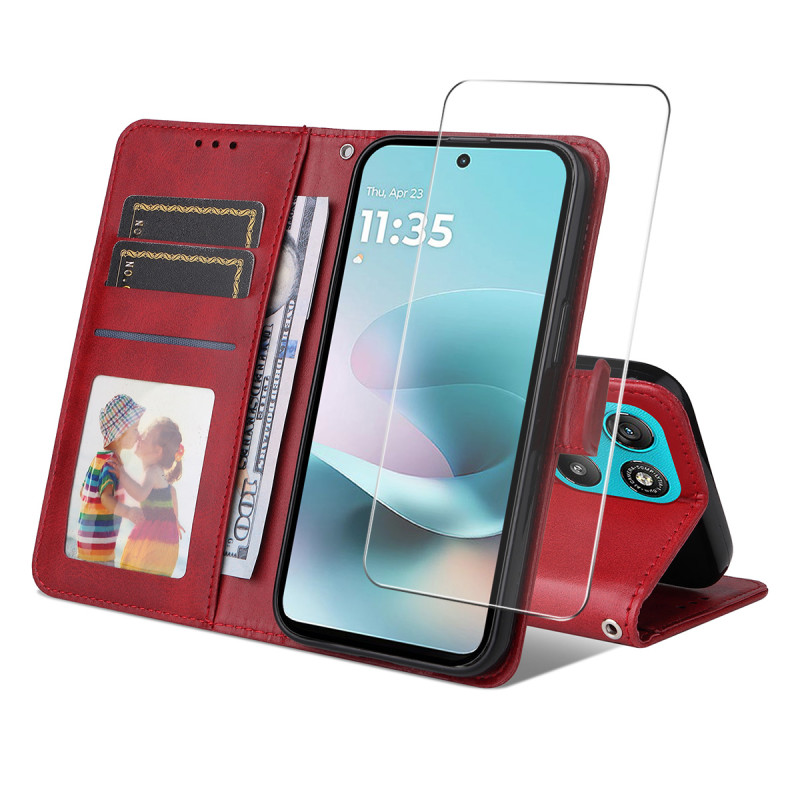Moto G67 Power keinonahkakotelo näytönsuojalla