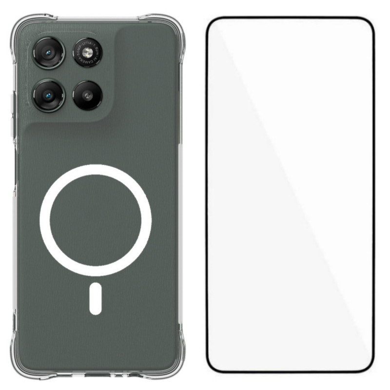 Läpinäkyvä magneettinen Moto G67 Power suojakuori näytönsuojuksella