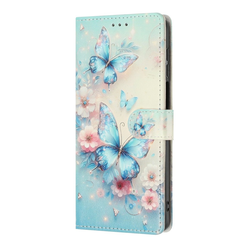 Xiaomi 17T Pro -suojakotelo, jossa on vaaleanpunaisia kukkia ja sinisiä perhosia