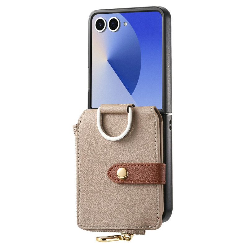 Samsung Galaxy Z Flip 8 -suojakotelo, vetoketjullinen korttitasku, kuvioitu nahkamaisella pinnalla