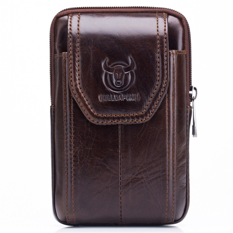 Aitoa nahkaa oleva pystysuora laukku, jossa on koukku, 16 × 11 × 3,8 cm, BULLCAPTAIN