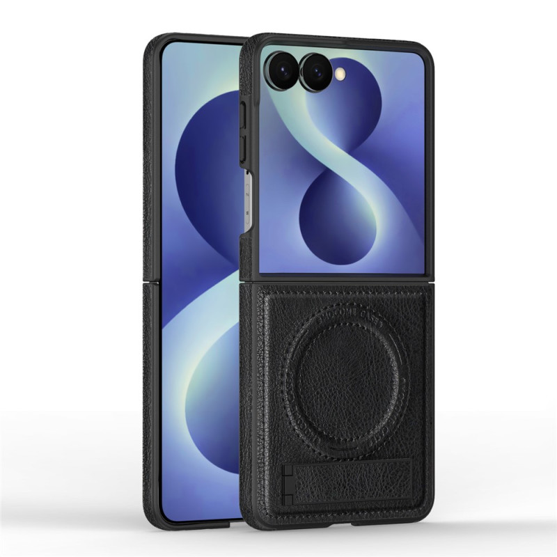 Samsung Galaxy Z Flip 8 -suojakotelo, nahkamainen ulkonäkö, telineellä
