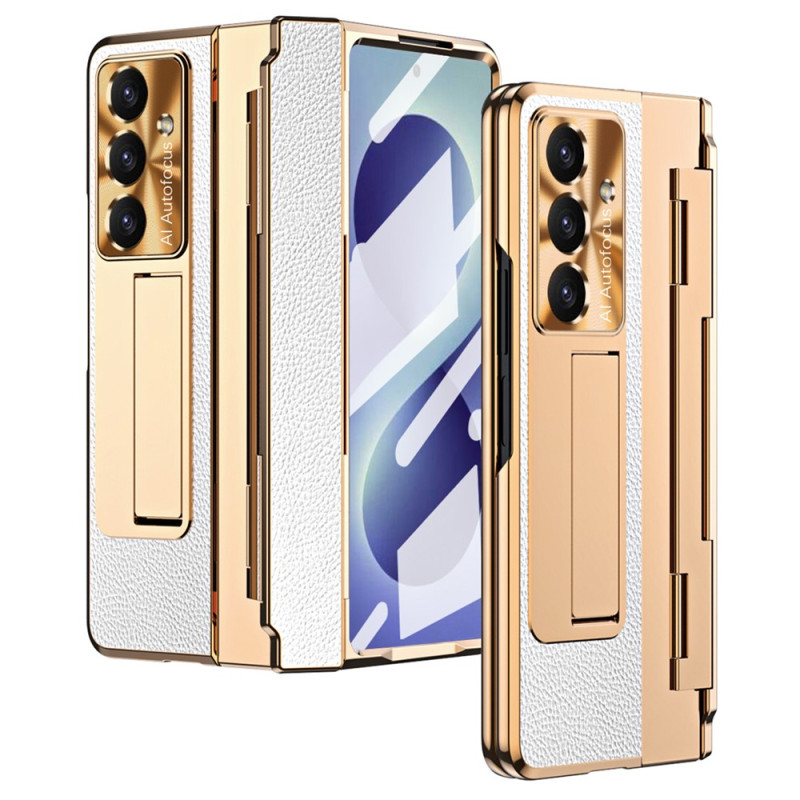 Samsung Galaxy Z Fold 8 Ultra -suojakotelo, metallin ja nahan vaikutelma, telineellä