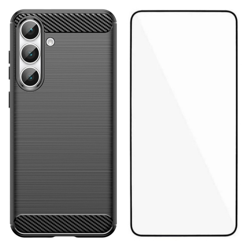 Samsung Galaxy S26 FE:n kuori, harjattua hiilikuitua, näytönsuojalla