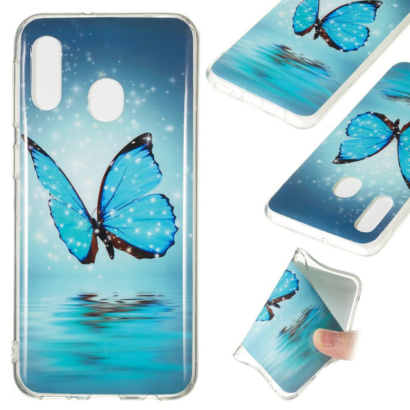 Samsung Galaxy A20e Perhonen Case Sininen fluoresoiva