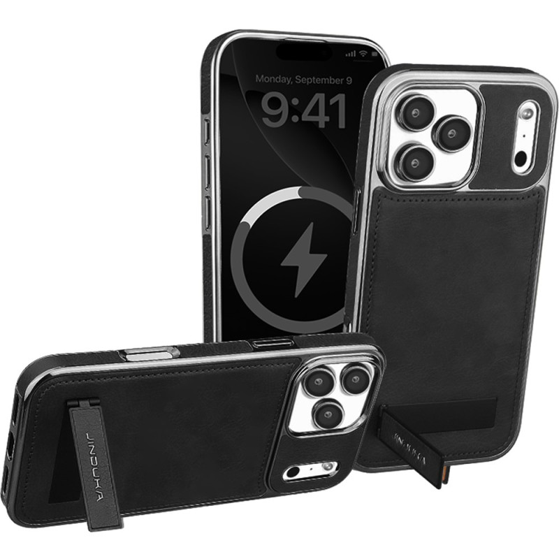 iPhone 18 Pro Max / 17 Pro Max -suojakotelo, nahkamainen ulkonäkö ja näkymätön teline