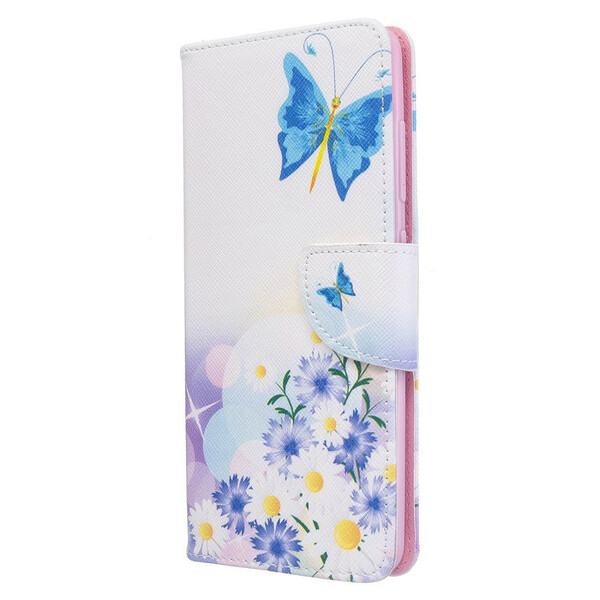 Samsung Galaxy A51 tapauksessa maalattu perhosia ja kukkia