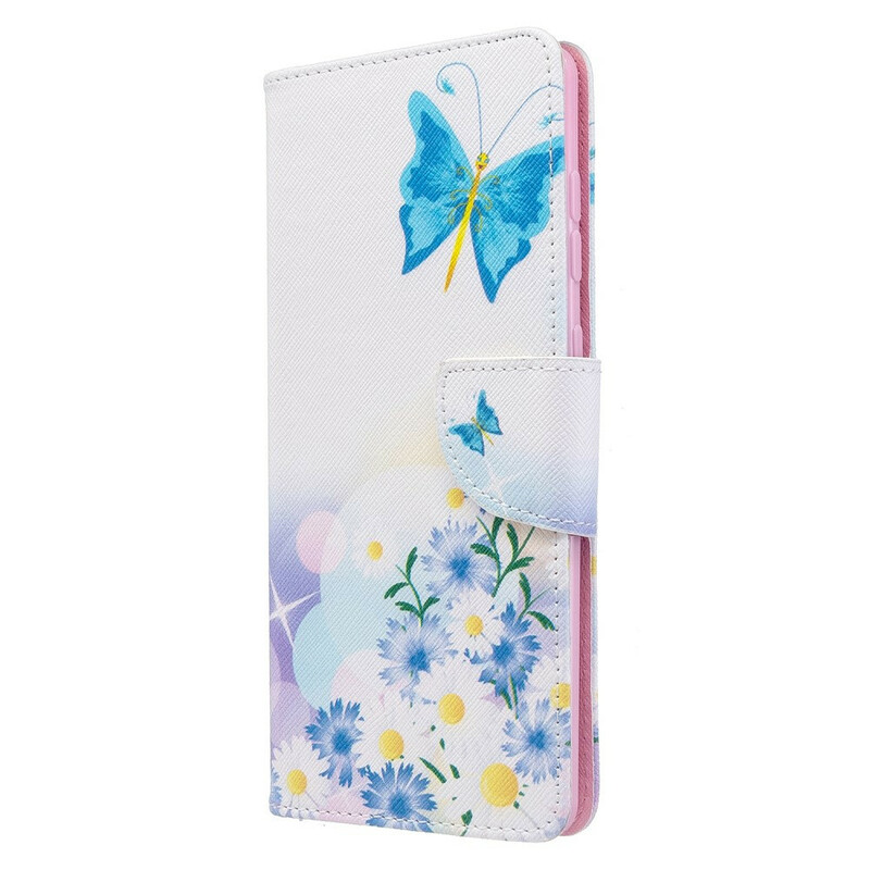 Samsung Galaxy A71 tapauksessa maalattu perhosia ja kukkia