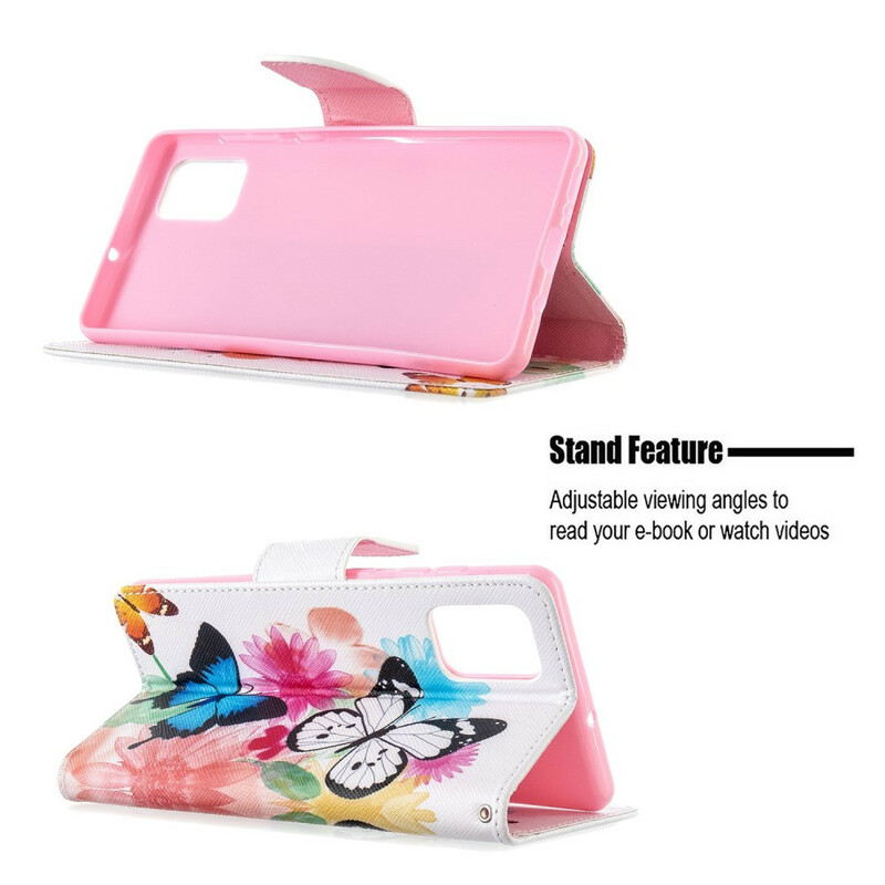 Samsung Galaxy A71 tapauksessa maalattu perhosia ja kukkia