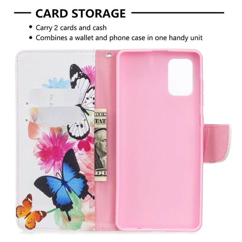 Samsung Galaxy A71 tapauksessa maalattu perhosia ja kukkia