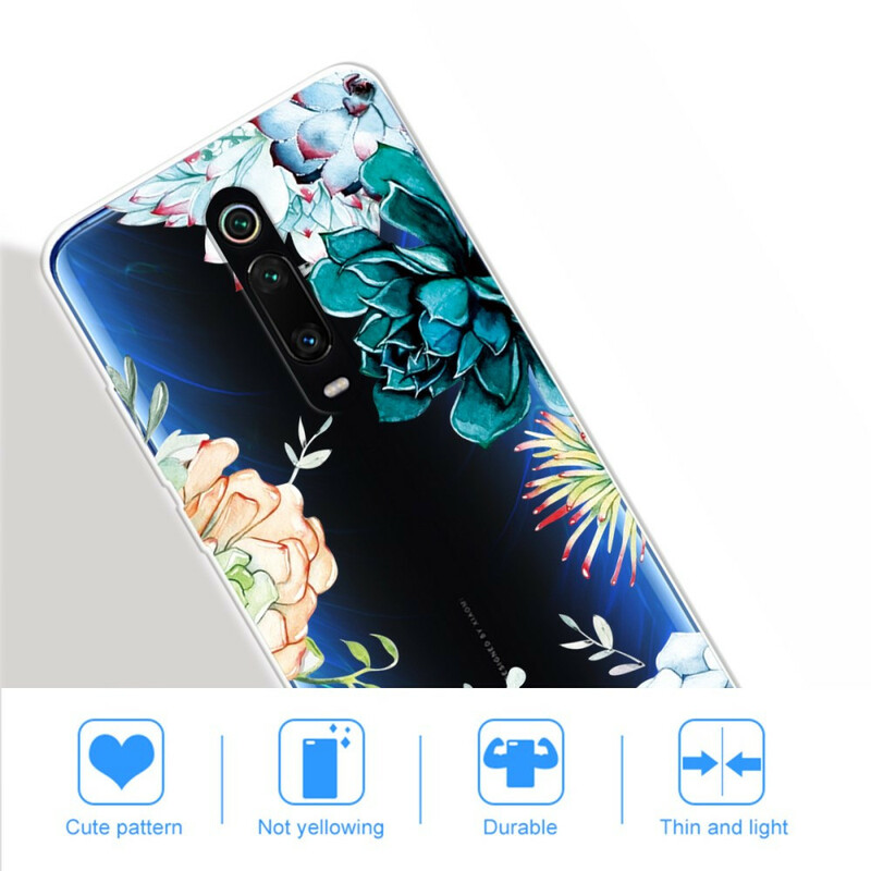 Xiaomi Mi 9T / Mi 9T Pro läpinäkyvä akvarelli kukka kotelo