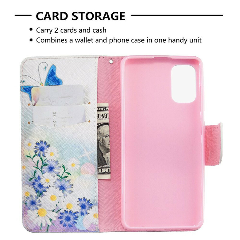 Samsung Galaxy A41 tapauksessa maalattu perhosia ja kukkia