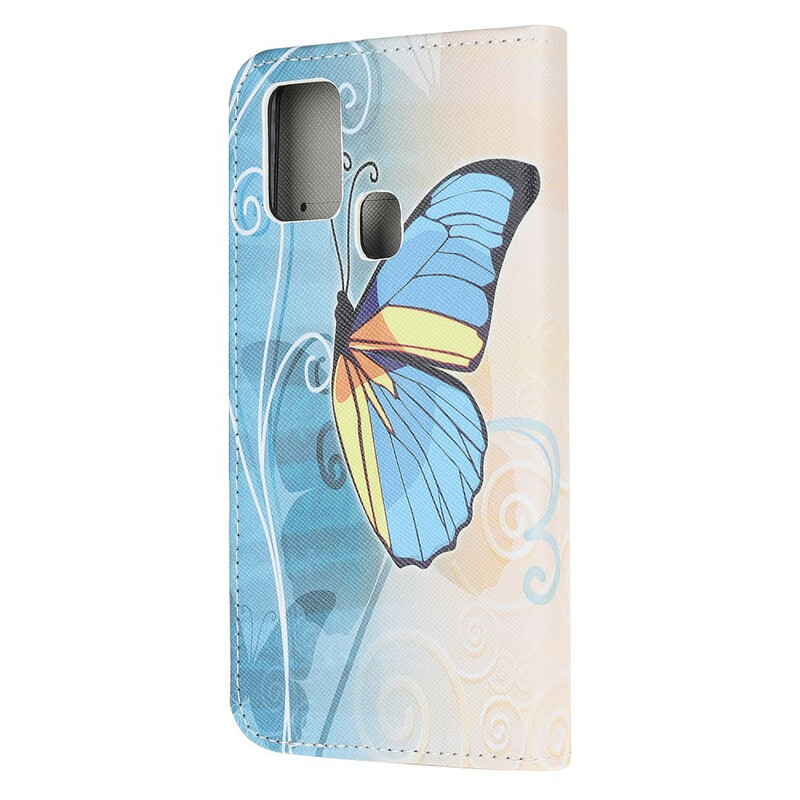 Samsung Galaxy A21s Butterfly Case sininen ja keltainen