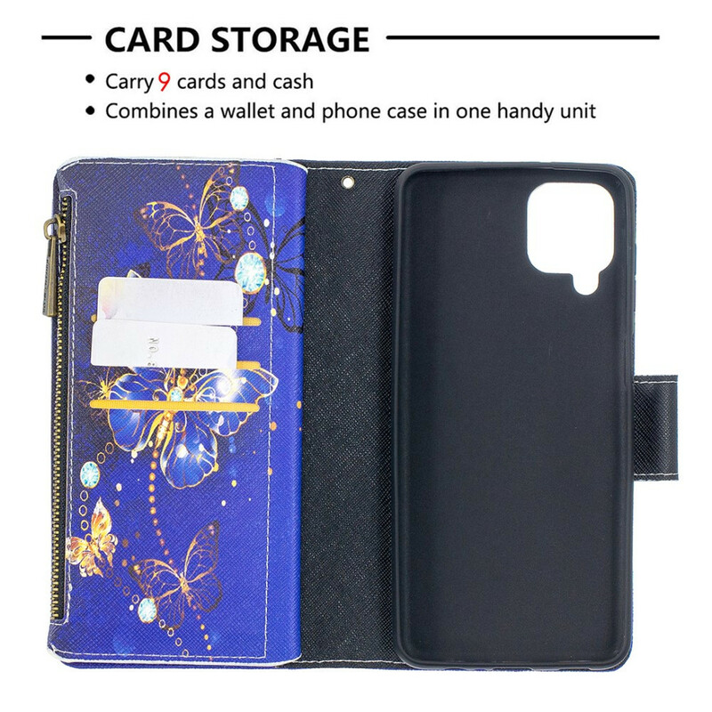 Samsung Galaxy A12 Kotelo Butterfly vetoketjullinen tasku